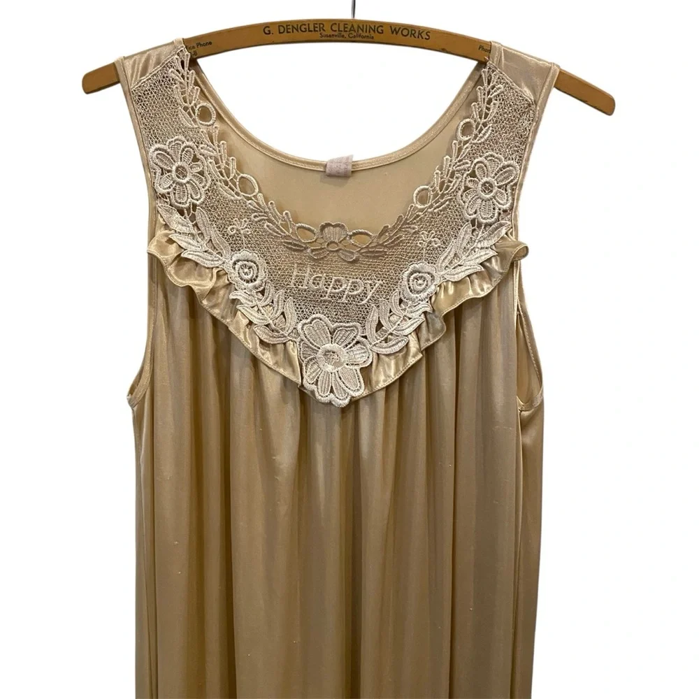 Vintage Long Champagne Satin Nightgown Embroidered Floral Appliqué Top “Happy” - Picture 3 of 17